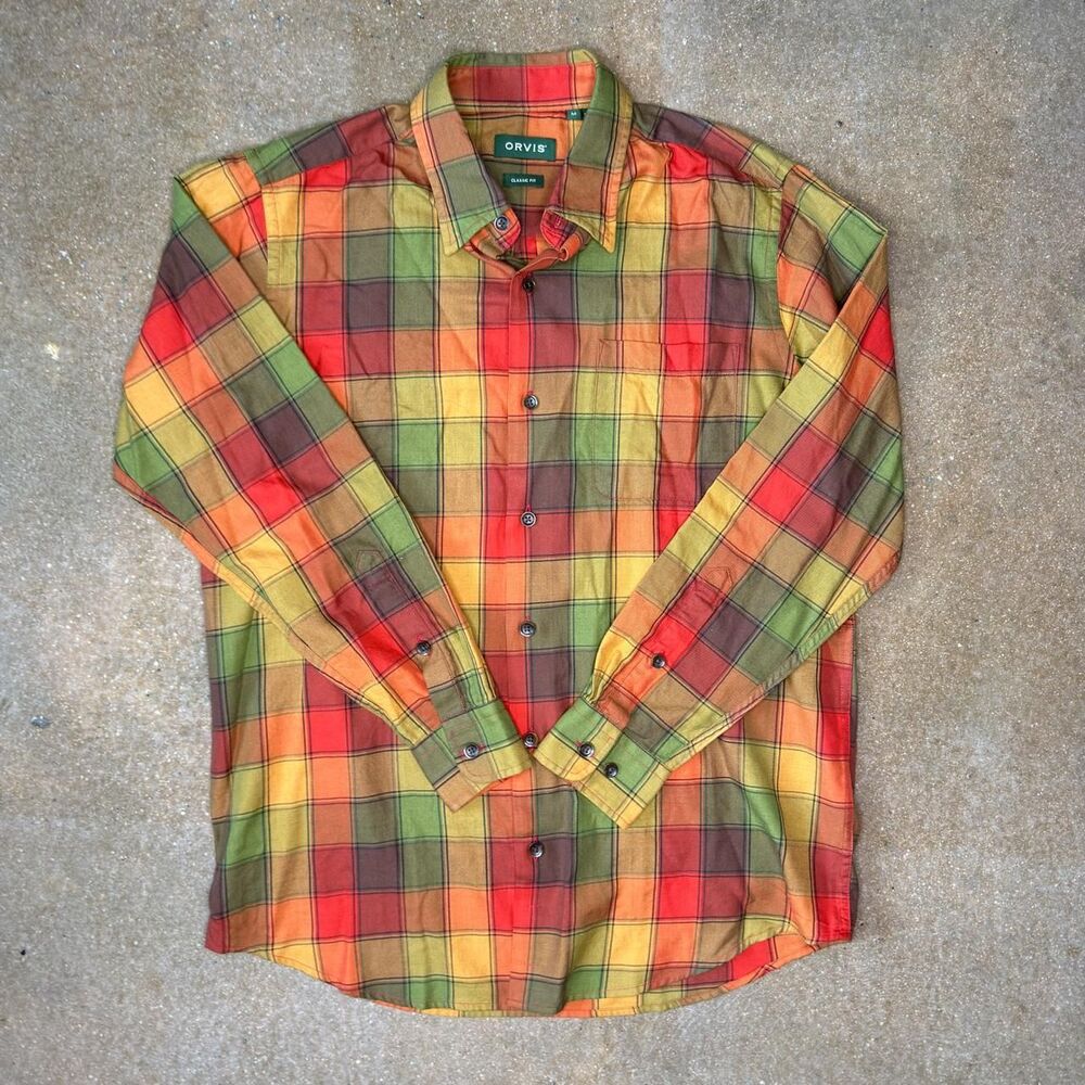 Orvis Classic Fit Plaid Button Down Shirt Mens M Olive Orange Cotton Long Sleeve